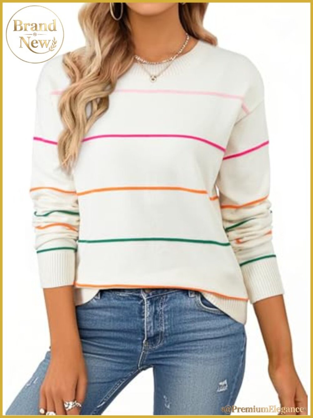 Women's Striped Crew Neck Knit Sweater Long Sleeve Relaxed Fit Fall Top Pullover